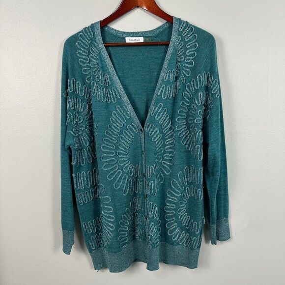 Calvin Klein Womens 1x Wool Blend Cardigan Sweater Metalic Teal Button Fall - Picture 1 of 3